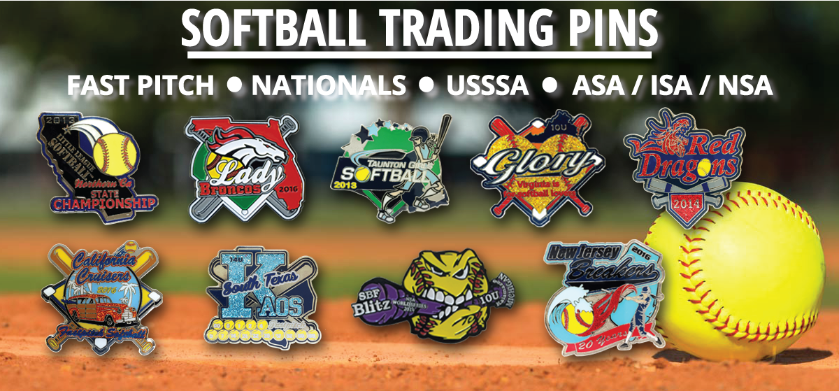 Softball trading pins, Nationals Trading Pins, Fast Pitch Trading Pins, Fast Pitch Softball, USSSA Softball Trading Pins, ASA Trading Pins, ISA Trading Pins, NSA Trading Pins, Custom Trading Pins collage from Tradingpins-On-Sale.com